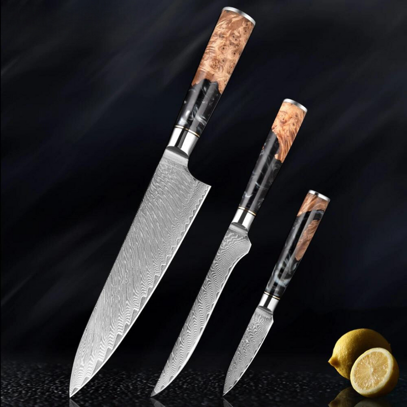 Black Walnut - 3 Piece - Damascus Steel Kitchen Knives Set