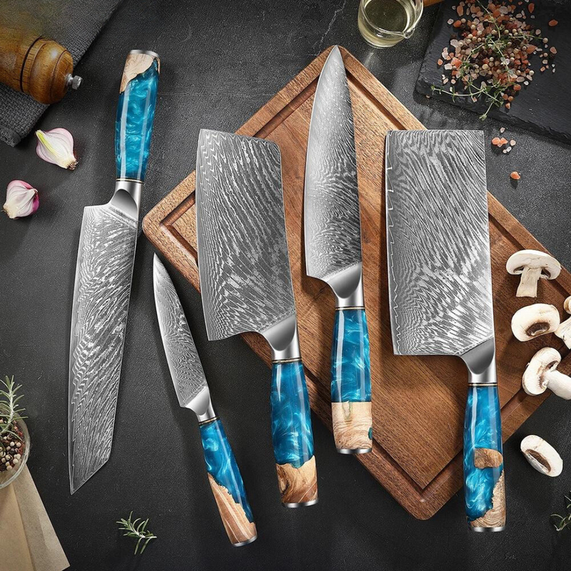 Blue Sandstone - 5 Piece - Damascus VG10 Santoku Chef Knife Set