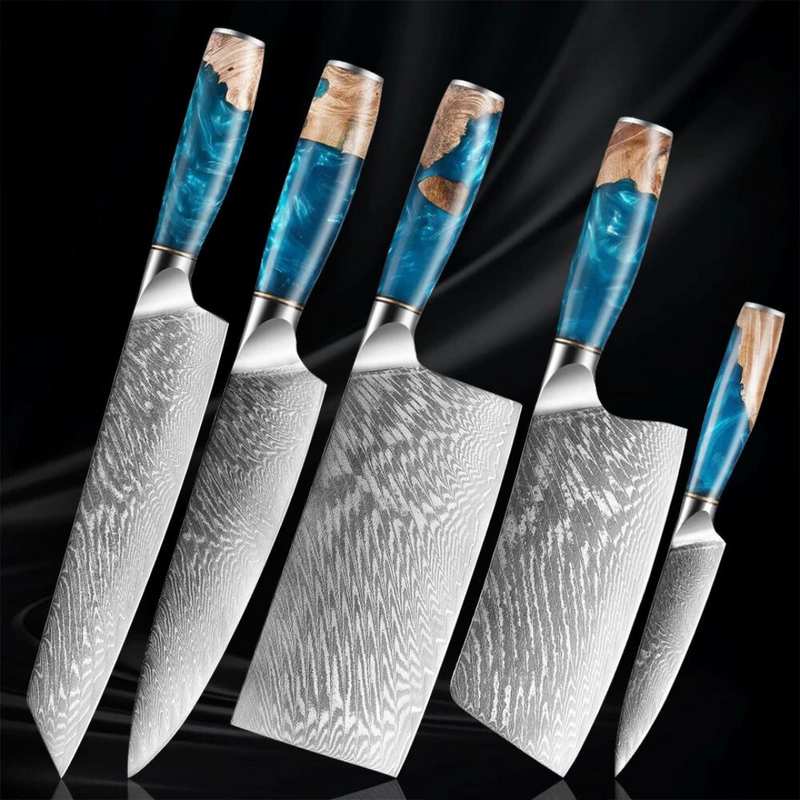 Blue Sandstone - 5 Piece - Damascus VG10 Santoku Chef Knife Set