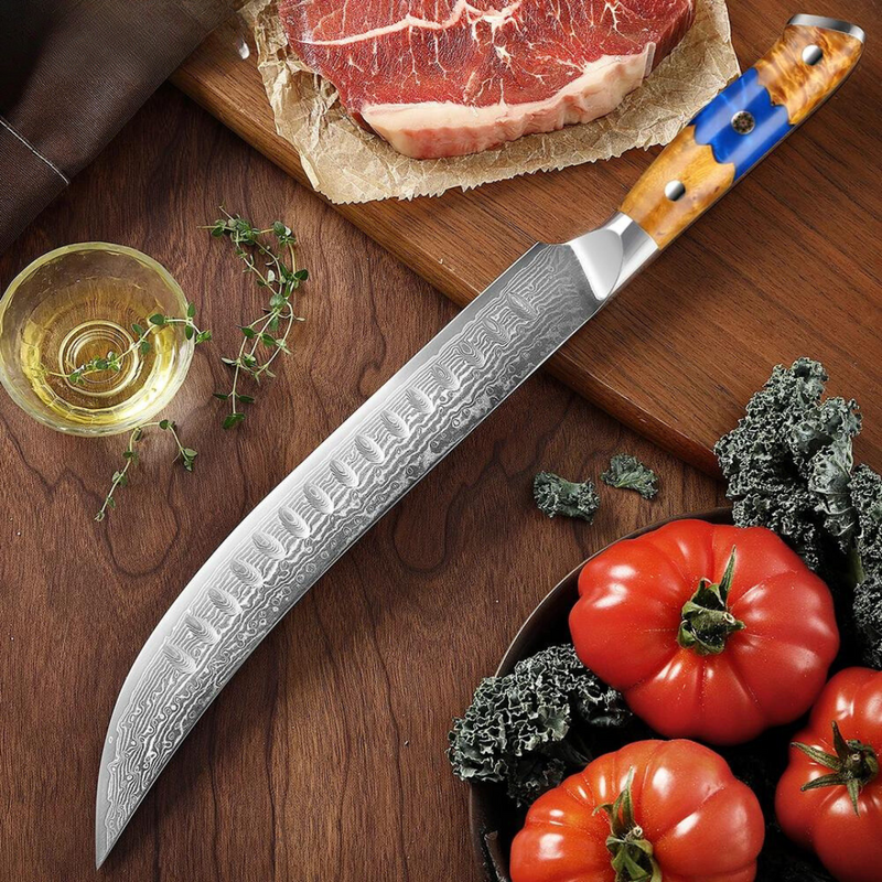 High Carbon Damascus Steel Slicing Knife - Long Non-stick Blade, Ideal for Kitchen Use