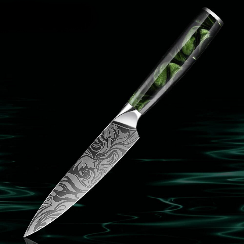 Green Forest Utility Knife 5'' - Damascus Laser Pattern, Super Sharp All-Purpose Kitchen Knife for Slicing and Mincing