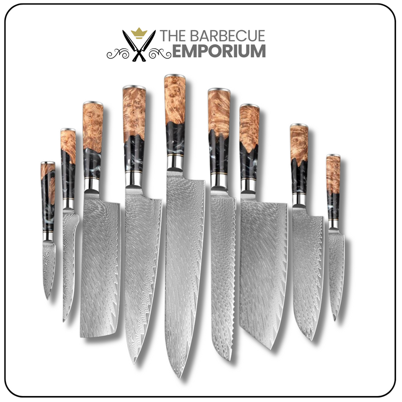 Black Walnut - 9 Piece - Damascus Steel Kitchen Knives Set