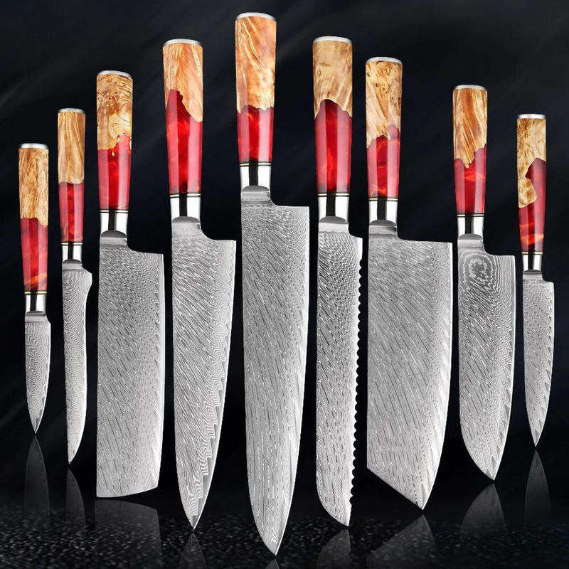 Red Walnut -  9 Piece - Damascus Steel Kitchen Knife Set