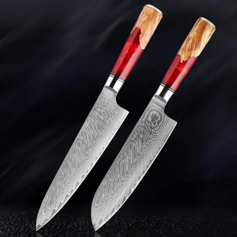 Red Walnut - 2 Piece - Damascus Steel Kitchen Knife Set