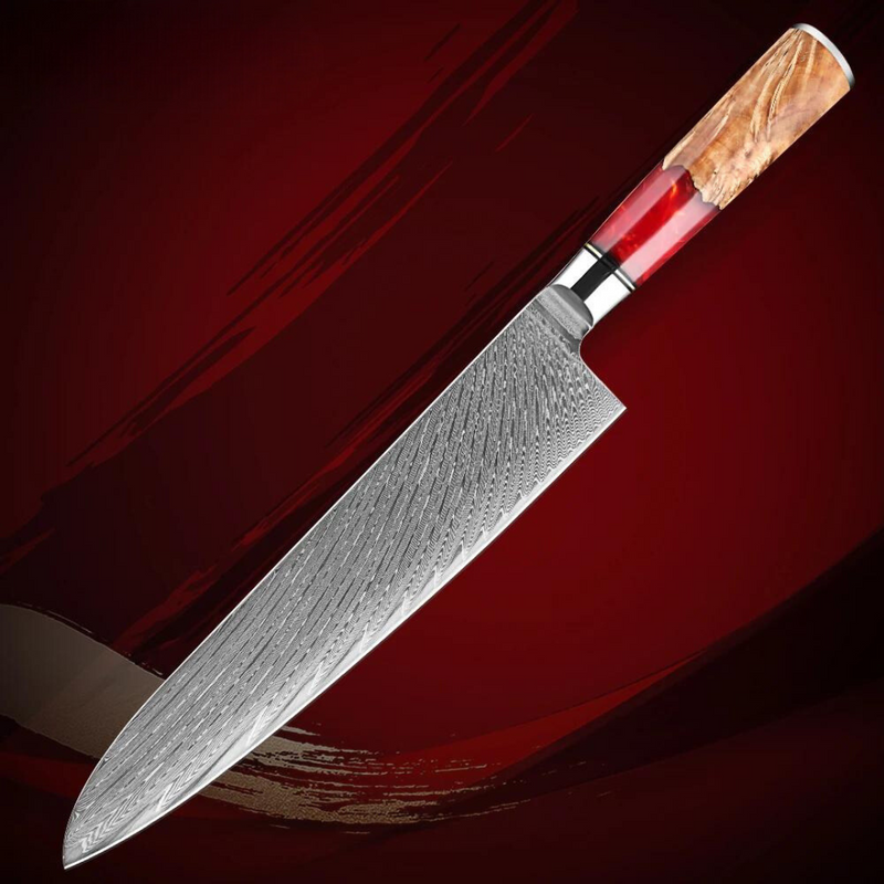 Red Walnut Chef Knife 9.5'' - Professional Damascus Steel with Ergonomic Handle