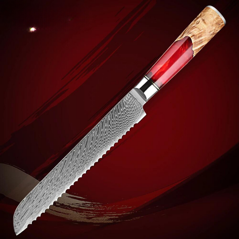 Red Walnut -  9 Piece - Damascus Steel Kitchen Knife Set