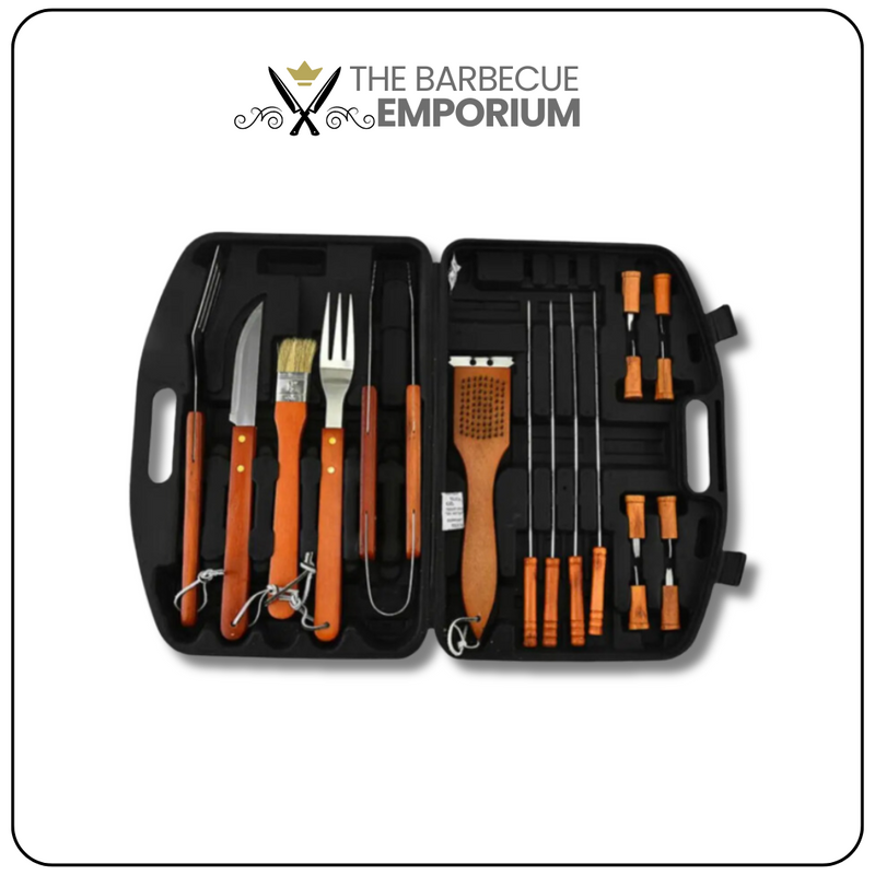 BBQ Grill Tools Set - Barbecue Utensils Kit with Spatula, Forks, Tongs, Skewers, Cleaning Brush in Storage Case for Camping and Picnics