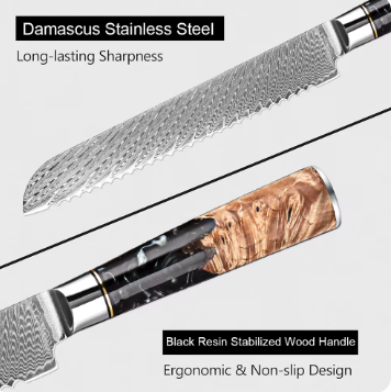 Black Walnut Bread Knife 8'' - Professional Damascus Steel Kitchen Knife