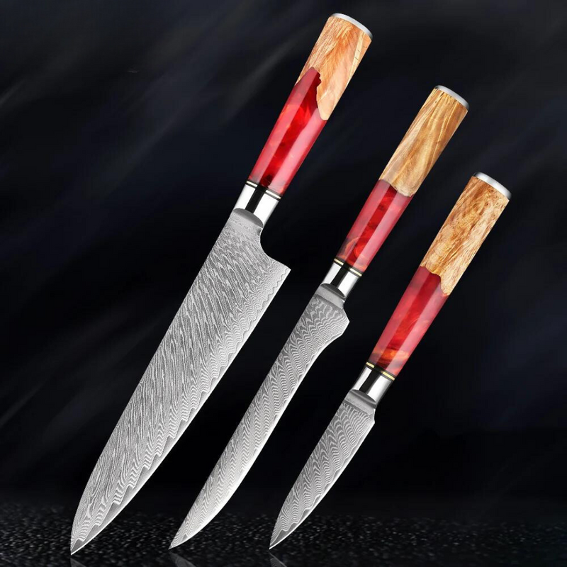 Red Walnut - 3 Piece - Damascus Steel Kitchen Knife Set