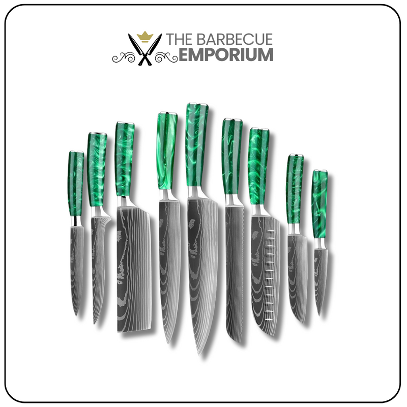 10-Piece Green Damascus Pattern Knife Set - Versatile Stainless Steel for Kitchen Use