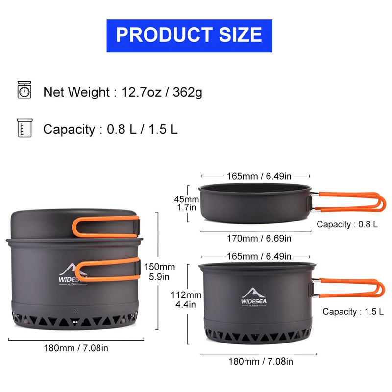 Widesea Camping Cookware Set - 1.3L & 2.3L Outdoor Cooking Pots and Kettle for Travel and Picnics