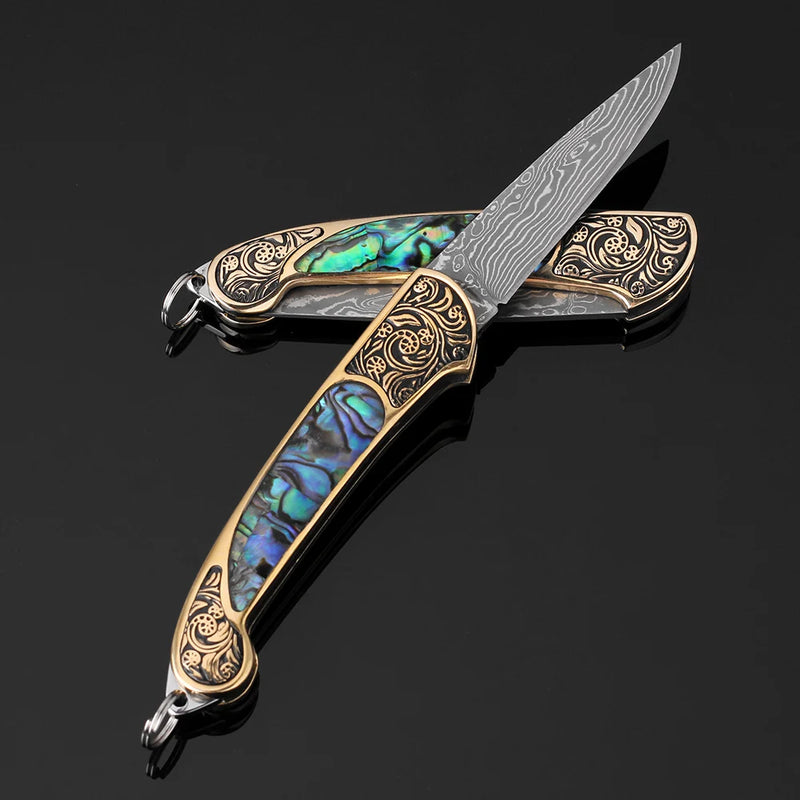 Exquisite Folding Knife - Damascus Steel Blade, Portable Kitchen Knife