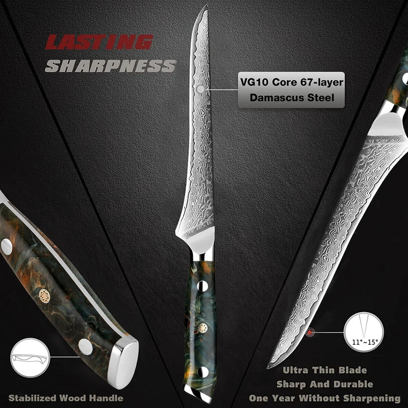 Jade Blade Boning Knife - Pro Damascus Steel for Bone Removal, Steak, Sushi, and Salmon Filleting