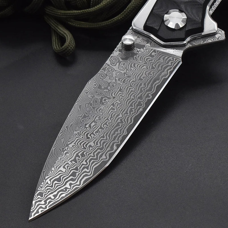 Black Damascus Steel Folding Knife - Ball Bearing, G10 Handle