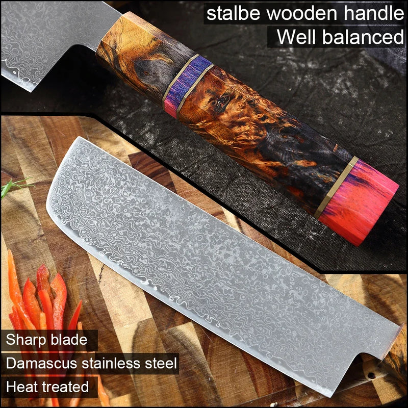 7" Damascus Nakiri Knife - Stainless Steel Butcher Cleaver with Octagonal Handle