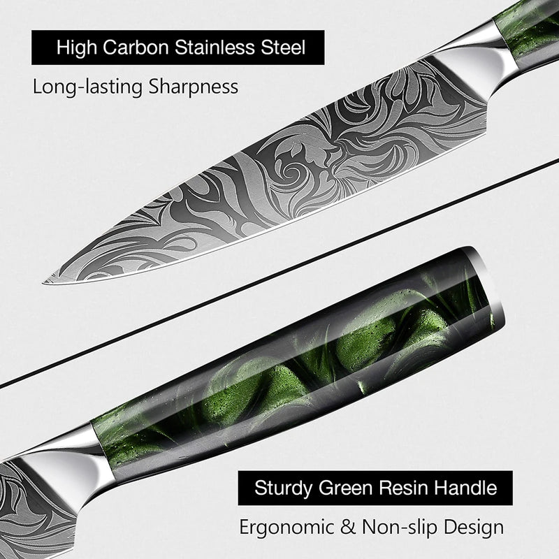 Green Forest Utility Knife 5'' - Damascus Laser Pattern, Super Sharp All-Purpose Kitchen Knife for Slicing and Mincing