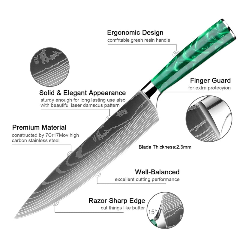 10-Piece Green Damascus Pattern Knife Set - Versatile Stainless Steel for Kitchen Use