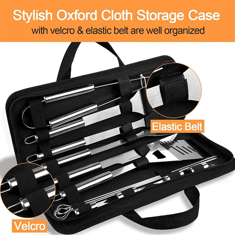 BBQE 20 Pcs Stainless Steel Tool Set with Canvas Bag - for Grill