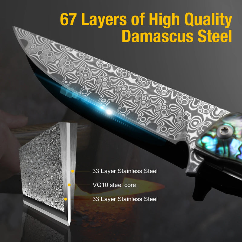 VG10 Damascus Steel Folding Knife - BBQ Knife for Grilling and Outdoor Cooking