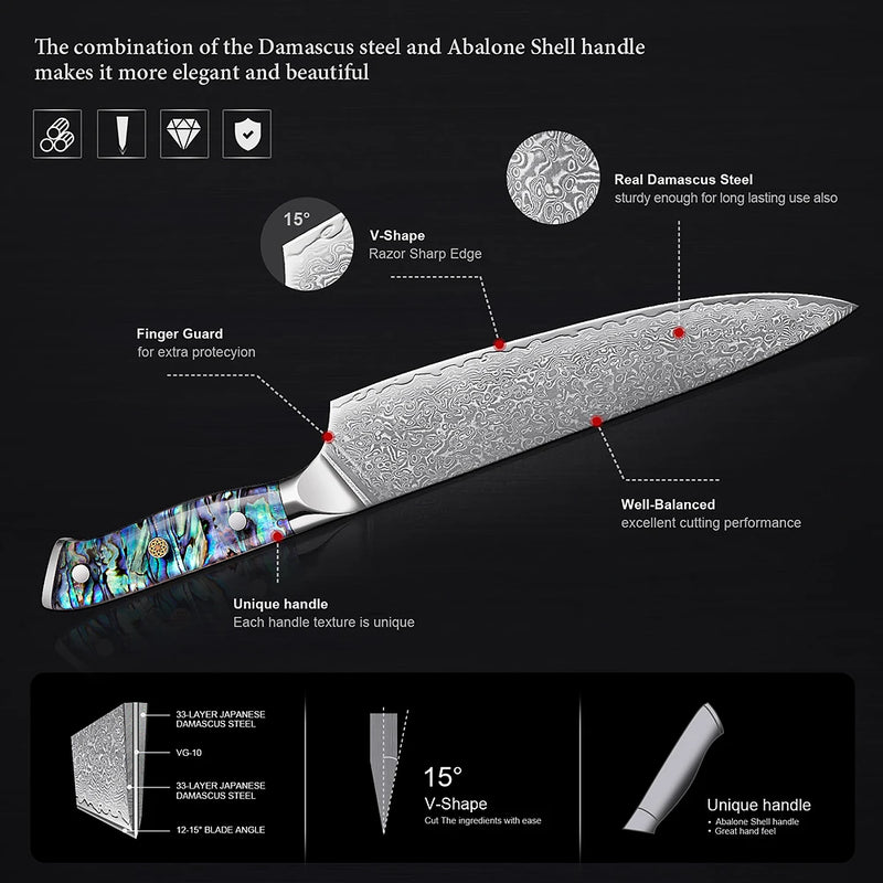 9-Piece Sapphire Damascus Steel Knife Set with Abalone Resin Handle - For Kitchen and Barbecue