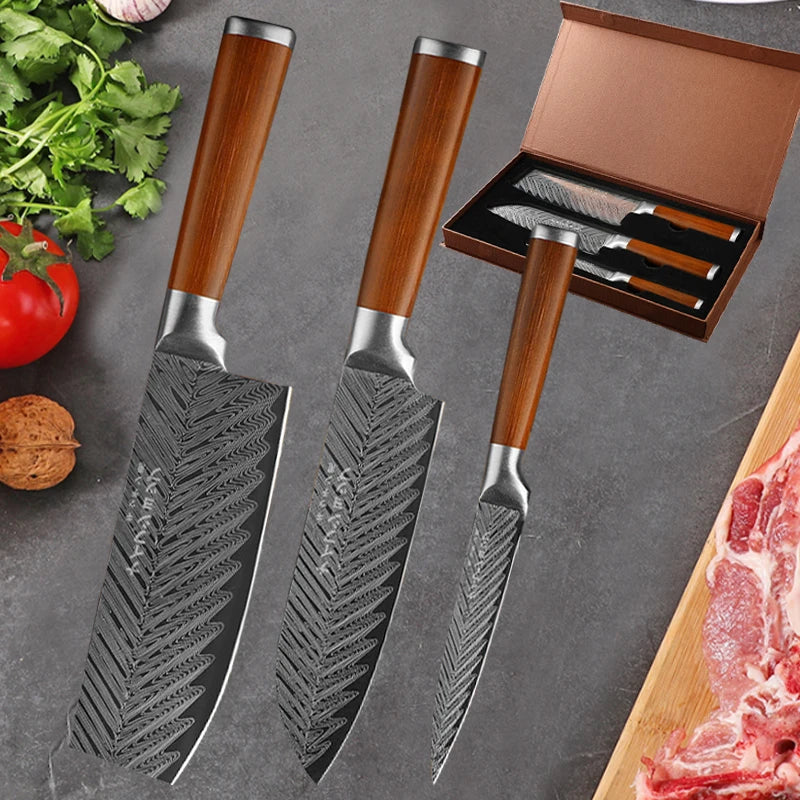 3-Piece Japanese Kitchen Knife Set - Damascus Pattern Cleaver, Slicer, and Fruit Knife