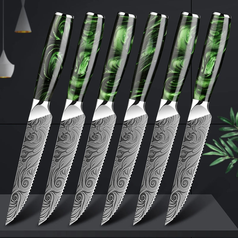 Green Forest Steak Knife Set - 8/4 Piece Serrated Stainless Steel Kitchen Knives with Laser Pattern