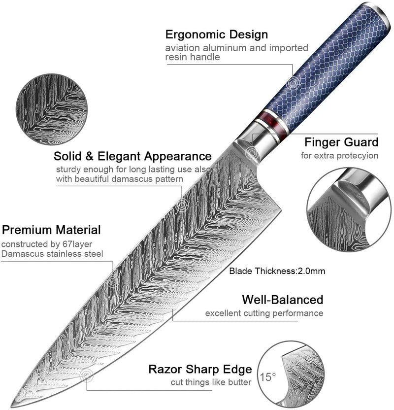 Neptune 8-inch Chef Knife - Damascus Steel, VG10, Resin Honeycomb Handle