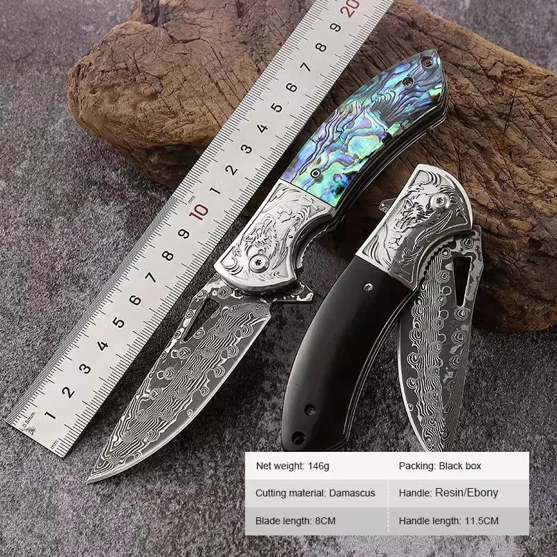 Damascus Steel Folding BBQ Knife – Multi-Purpose, Camping & Fruit Knife