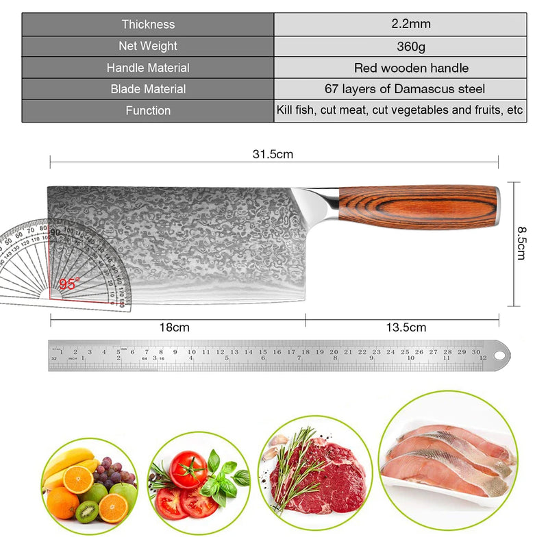 Professional Chinese Cleaver Knife - Damascus Steel Vegetable and Meat Cleaver for Kitchen Chefs