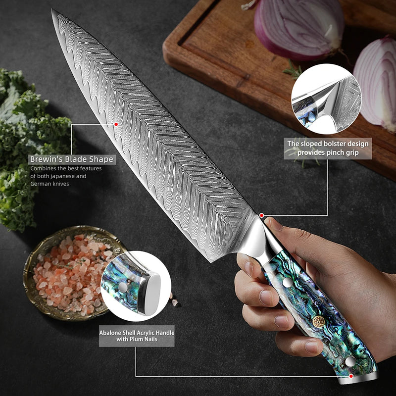 Sapphire Chef Knife 8'' - Professional VG10 Japanese Damascus Steel Sharp Cleaver with Abalone Shell Handle