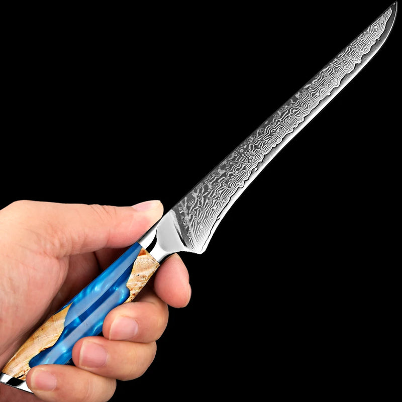 Blue Sandstone Boning Knife 6'' - 67-Layer Damascus VG-10 Steel with Resin and Wooden Handle