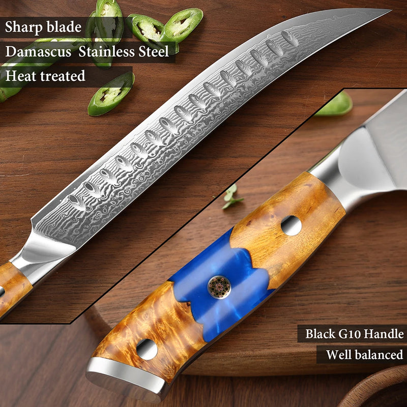 High Carbon Damascus Steel Slicing Knife - Long Non-stick Blade, Ideal for Kitchen Use