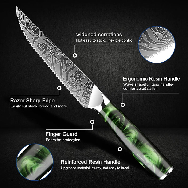 Green Forest Steak Knife Set - 8/4 Piece Serrated Stainless Steel Kitchen Knives with Laser Pattern