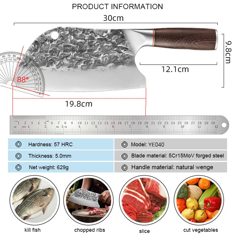 High Carbon Steel Knife Cleaver - Butcher Chef Knife for Meat, Bone, and Kitchen Chopping