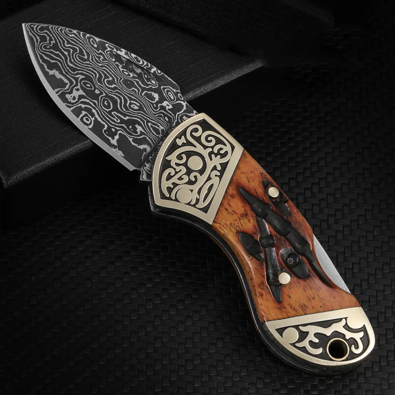 Mini  Damascus Steel Pocket Knife - Cattle Bone Handle, Mini Folding