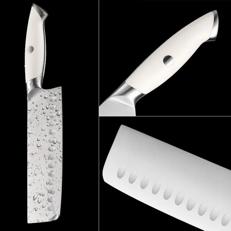 White 7in Nakiri Knife - Stainless Steel Kitchen Cleaver