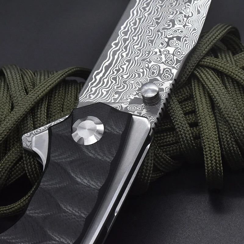 Black Damascus Steel Folding Knife - Ball Bearing, G10 Handle