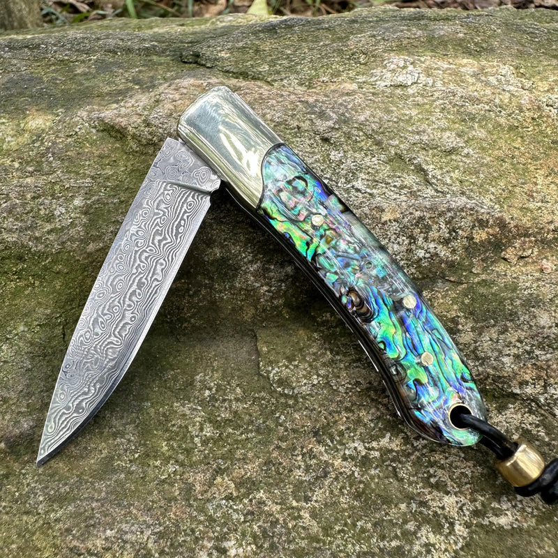 Abalone Shell & Ebony Handle - Damascus Pocket Knife - 167 Layers VG10 Steel