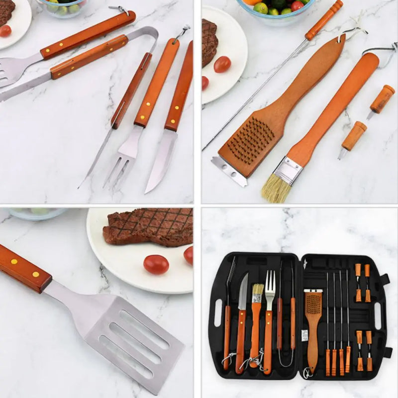 BBQ Grill Tools Set - Barbecue Utensils Kit with Spatula, Forks, Tongs, Skewers, Cleaning Brush in Storage Case for Camping and Picnics