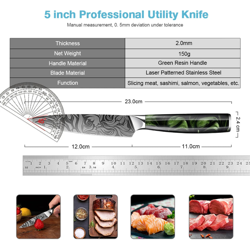 Green Forest Utility Knife 5'' - Damascus Laser Pattern, Super Sharp All-Purpose Kitchen Knife for Slicing and Mincing