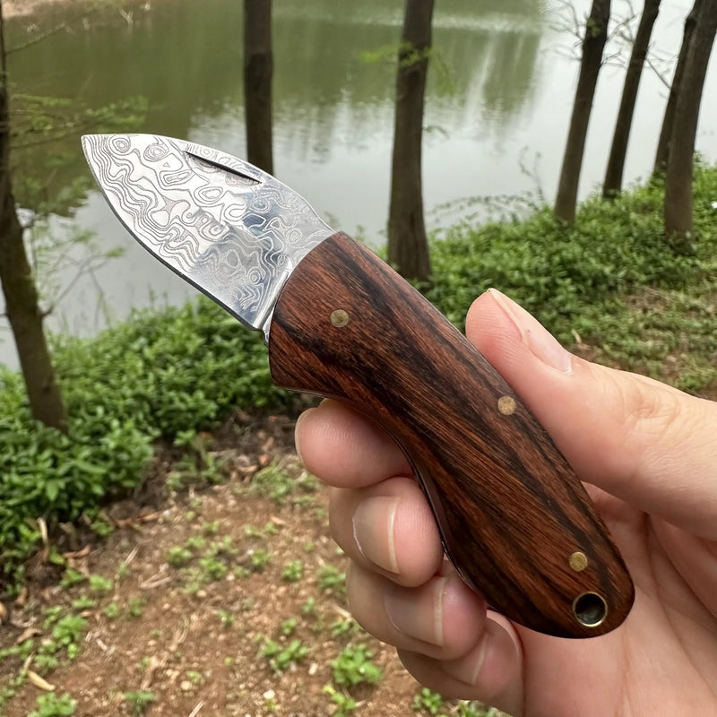 Handmade Mini EDC Knife - Laser Damascus, Rosewood Handle