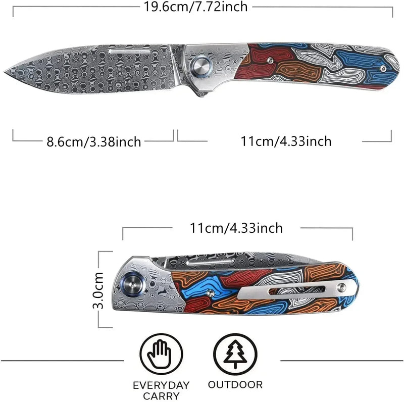 Colorful Damascus Steel Folding Knife - G10 Handle, Your Essential EDC Pocket Knife