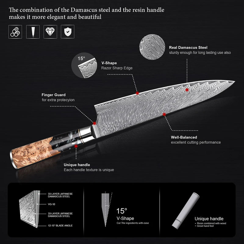 Black Walnut Chef Knife 9.5'' - Professional Damascus Steel Kitchen Knife