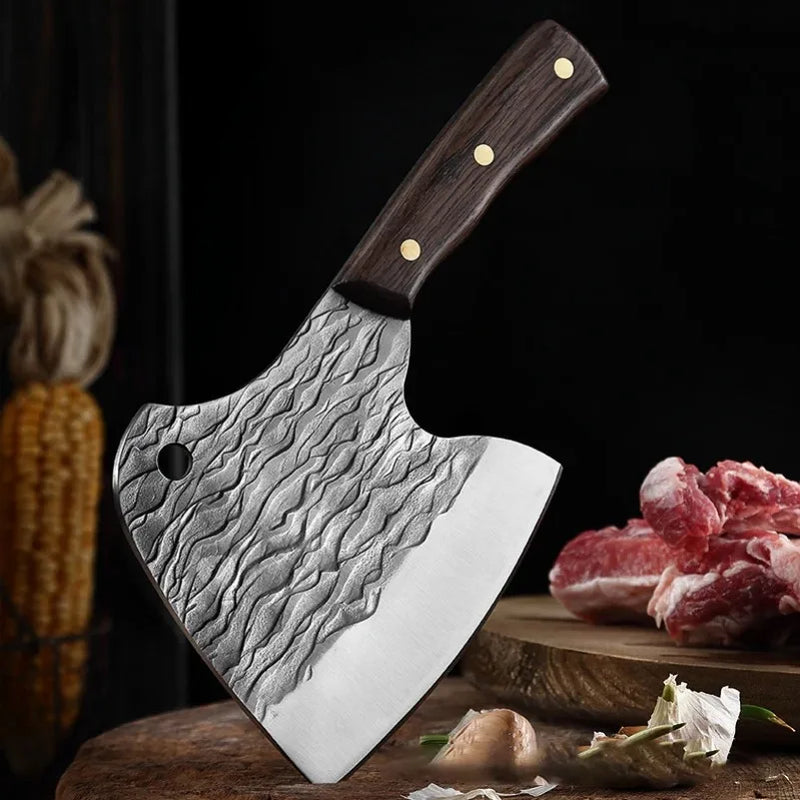 Heavy Kitchen Cleaver Axe - Hand-Forged Blade with Wood Handle for Chopping Meat and Bones