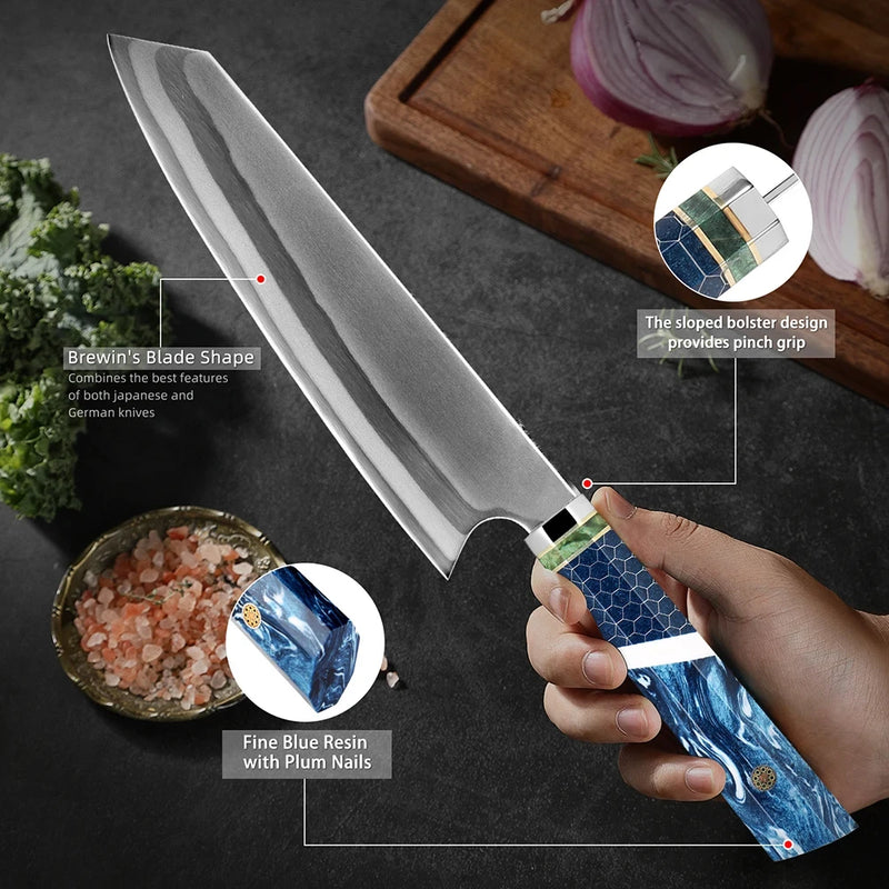 Blue Ocean T-Head Chef's Knife - Professional Kitchen Knife with Wood and Blue Resin Handle