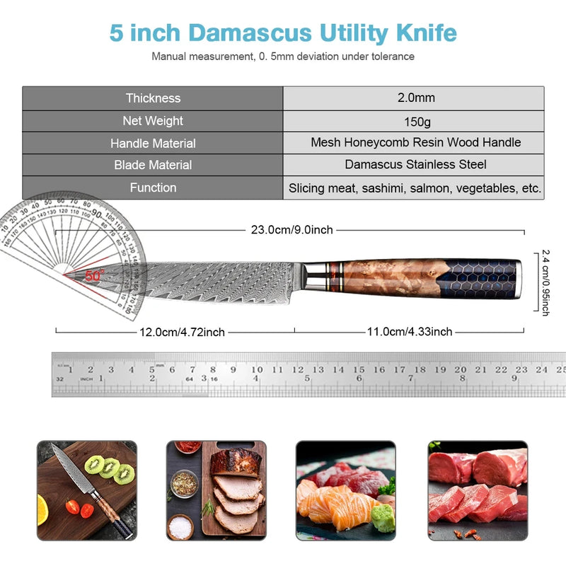 Navy Premium Utility Knife 5'' - Damascus Steel Chef's Knife