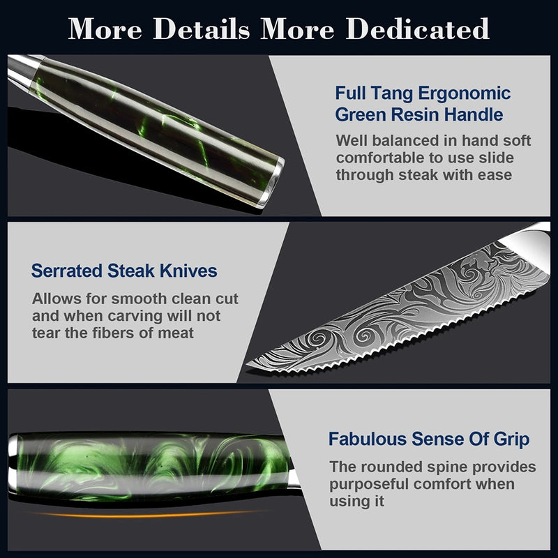 Green Forest Steak Knife Set - 8/4 Piece Serrated Stainless Steel Kitchen Knives with Laser Pattern