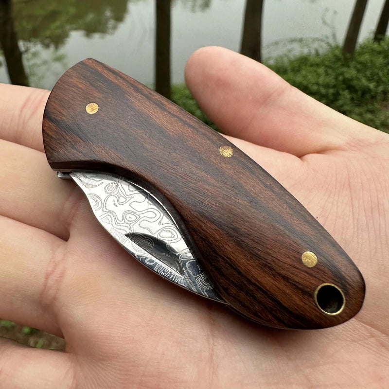 Handmade Mini EDC Knife - Laser Damascus, Rosewood Handle