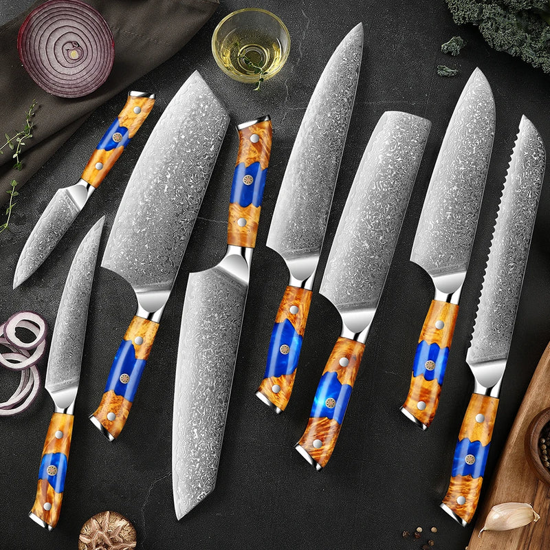 1/8 -Piece Blue Caramel Damascus Kitchen Knife Set - VG10 Steel Core with Blue Resin Stabilized Wood Handles