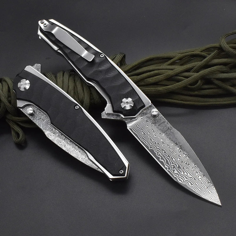 Black Damascus Steel Folding Knife - Ball Bearing, G10 Handle